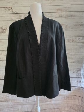 NWOT 100% Linen Lafayette 148 New York Black Open-Front Ruffled-Trim Jacket Sz20